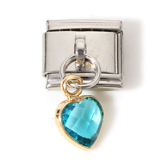 Imagen de 1 Unidad 304 Acero Inoxidable & Vidrio Charm Pulsera de Eslabones Italianos para Hacer Joyas DIY Tono de Plata Lago Azul Rectángulo Corazón con colgante 17mm x 10mm