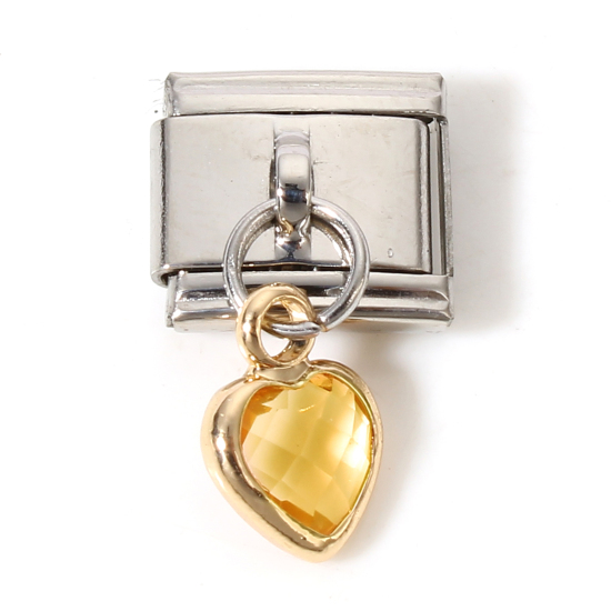 Imagen de 1 Unidad 304 Acero Inoxidable & Vidrio Charm Pulsera de Eslabones Italianos para Hacer Joyas DIY Tono de Plata Amarillo Rectángulo Corazón con colgante 17mm x 10mm