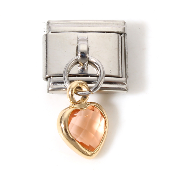 Imagen de 1 Unidad 304 Acero Inoxidable & Vidrio Charm Pulsera de Eslabones Italianos para Hacer Joyas DIY Tono de Plata Champán Rectángulo Corazón con colgante 17mm x 10mm