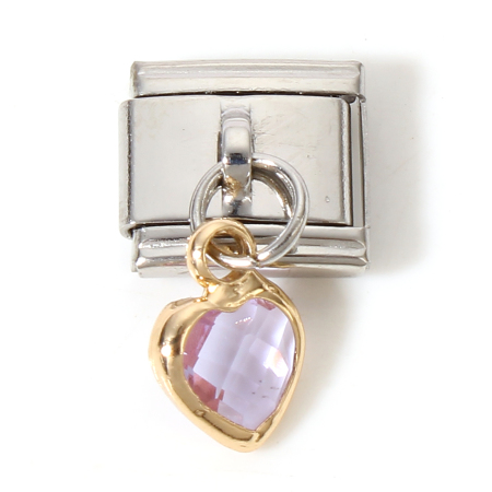 Image de 1 Pièce Bracelet à Maillons Breloques Italiens Accessories de Fabrication de Bracelets Bijoux DIY en 304 Acier Inoxydable & Verre Argent Mat Mauve Rectangle Cœur avec Pendentif 17mm x 10mm