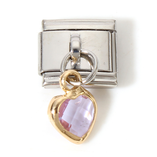 Imagen de 1 Unidad 304 Acero Inoxidable & Vidrio Charm Pulsera de Eslabones Italianos para Hacer Joyas DIY Tono de Plata Púrpura Claro Rectángulo Corazón con colgante 17mm x 10mm