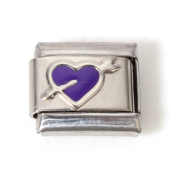 Immagine di 1 Pz 304 Acciaio Inossidabile Bracciale con Charm Italiano a Maglie, Creazione di Gioielli Fai-da-te Tono Argento Colore Viola Rettangolo Una Freccia Attraverso il Cuore Smalto 10mm x 9mm