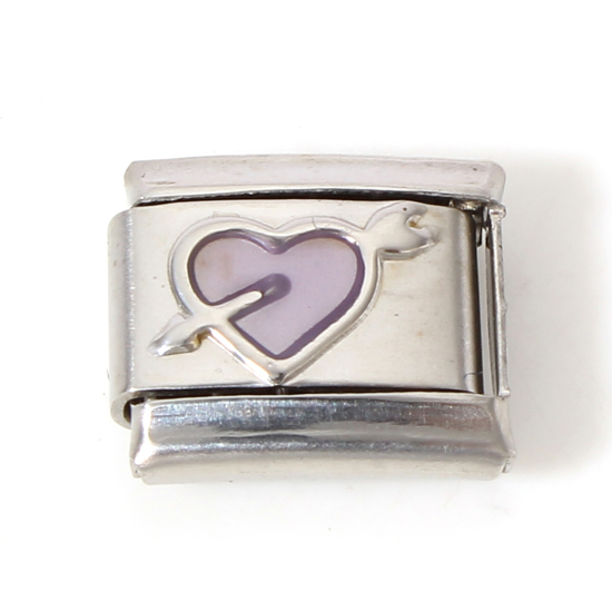 Immagine di 1 Pz 304 Acciaio Inossidabile Bracciale con Charm Italiano a Maglie, Creazione di Gioielli Fai-da-te Tono Argento Viola Chiaro Rettangolo Una Freccia Attraverso il Cuore Smalto 10mm x 9mm
