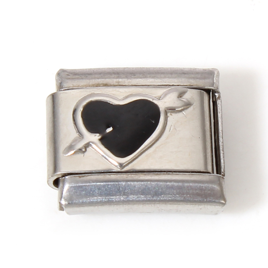Immagine di 1 Pz 304 Acciaio Inossidabile Bracciale con Charm Italiano a Maglie, Creazione di Gioielli Fai-da-te Tono Argento Nero Rettangolo Una Freccia Attraverso il Cuore Smalto 10mm x 9mm