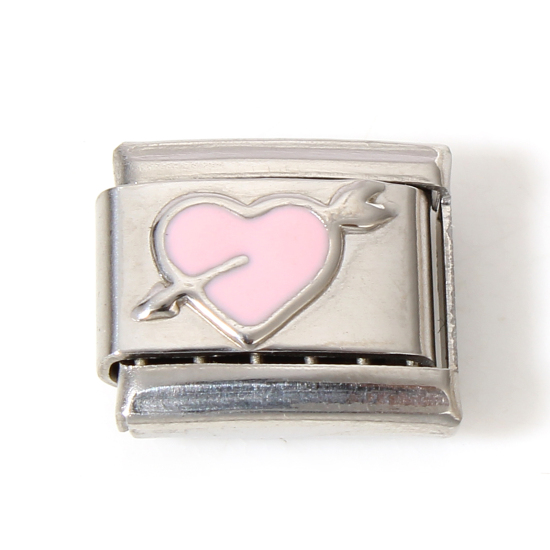 Immagine di 1 Pz 304 Acciaio Inossidabile Bracciale con Charm Italiano a Maglie, Creazione di Gioielli Fai-da-te Tono Argento Rosa Chiaro Rettangolo Una Freccia Attraverso il Cuore Smalto 10mm x 9mm