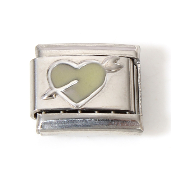 Immagine di 1 Pz 304 Acciaio Inossidabile Bracciale con Charm Italiano a Maglie, Creazione di Gioielli Fai-da-te Tono Argento Giallo Chiaro Rettangolo Una Freccia Attraverso il Cuore Smalto 10mm x 9mm