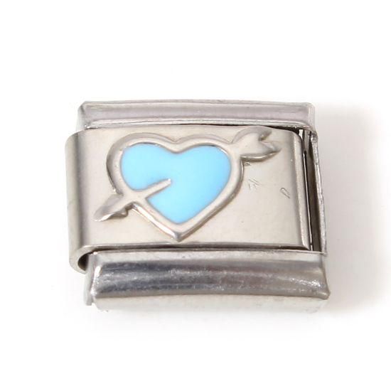 Immagine di 1 Pz 304 Acciaio Inossidabile Bracciale con Charm Italiano a Maglie, Creazione di Gioielli Fai-da-te Tono Argento Blu Chiaro Rettangolo Una Freccia Attraverso il Cuore Smalto 10mm x 9mm