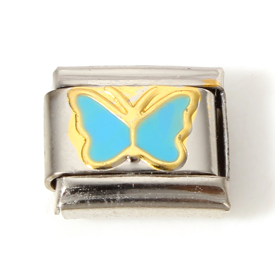 Immagine di 1 Pz 304 Acciaio Inossidabile Bracciale con Charm Italiano a Maglie, Creazione di Gioielli Fai-da-te Tono Argento Blu Rettangolo Farfalla Smalto 10mm x 9mm