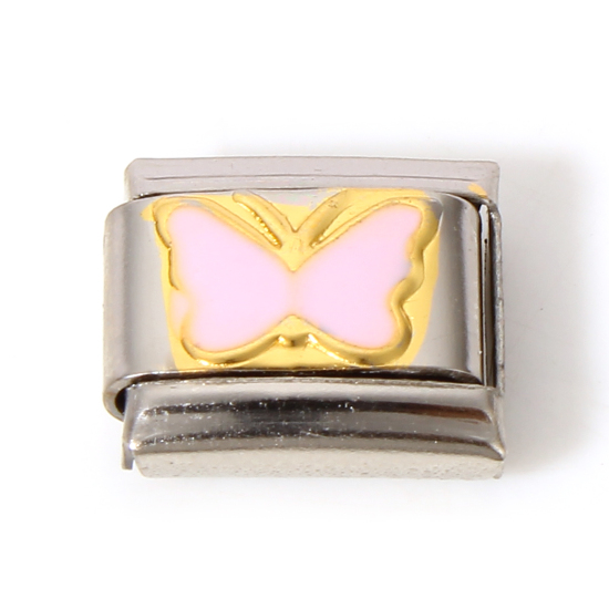 Immagine di 1 Pz 304 Acciaio Inossidabile Bracciale con Charm Italiano a Maglie, Creazione di Gioielli Fai-da-te Tono Argento Rosa Chiaro Rettangolo Farfalla Smalto 10mm x 9mm