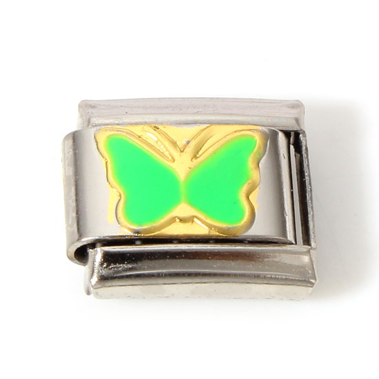 Immagine di 1 Pz 304 Acciaio Inossidabile Bracciale con Charm Italiano a Maglie, Creazione di Gioielli Fai-da-te Tono Argento Verde Rettangolo Farfalla Smalto 10mm x 9mm