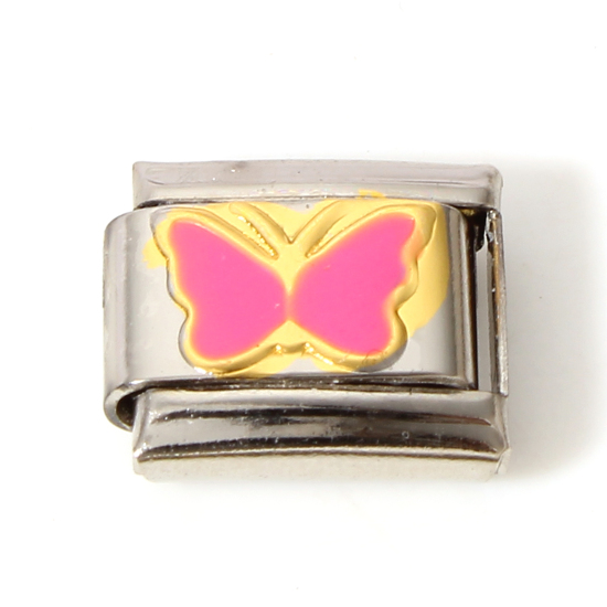 Immagine di 1 Pz 304 Acciaio Inossidabile Bracciale con Charm Italiano a Maglie, Creazione di Gioielli Fai-da-te Tono Argento Rosso Prugna Rettangolo Farfalla Smalto 10mm x 9mm