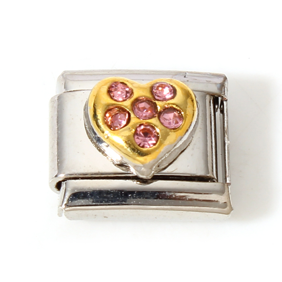 Immagine di 1 Piece 304 Stainless Steel Italian Charm Links For DIY Bracelet Jewelry Making Gold Plated & Silver Tone Rectangle Heart Pink Rhinestone 10mm x 9mm