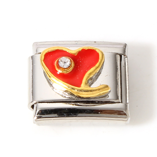 Immagine di 1 Piece 304 Stainless Steel Italian Charm Links For DIY Bracelet Jewelry Making Gold Plated & Silver Tone Red Rectangle Heart Enamel Clear Rhinestone 10mm x 9mm