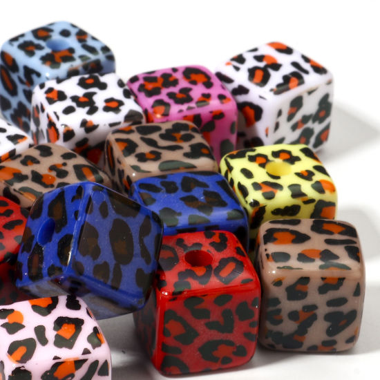 Bild von 10 Stück Acryl Perlen für die Herstellung von DIY-Charme-Schmuck Zufällig Gemischte Farben Würfel Leopard ca. 15mm x 15mm, Loch:ca. 3.5mm