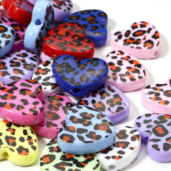 Picture of 10 PCs Acrylic Valentine's Day Beads For DIY Charm Jewelry Making At Random Mixed Color Heart Leopard Print About 21mm x 18.5mm, Hole: Approx 2.5mm