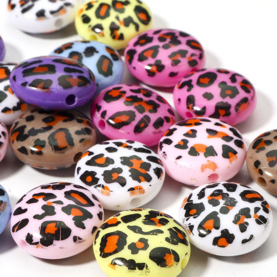 Bild von 10 Stück Acryl Perlen für die Herstellung von DIY-Charme-Schmuck Zufällig Gemischte Farben Rund Leopard ca. 18mm D., Loch:ca. 2.2mm