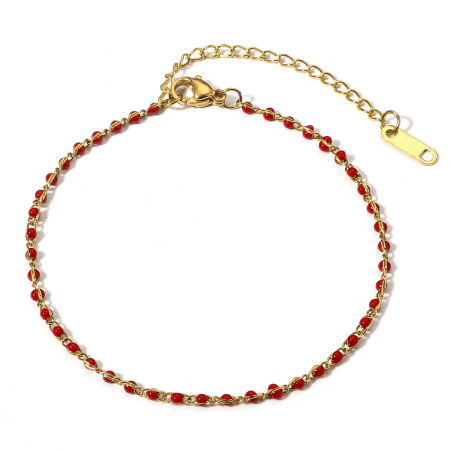 Image de Bracelets En Gros Doré en 304 Acier Inoxydable, Rouge Émail Chaîne Maille Jaseron Revêtement sous Vide PVD Respectueux de l'Environnement, aux Femmes À la Mode Cadeau Fournitures de Bijoux 18.5cm long, Taille de la Chaîne: 2mm, 1 Pièce
