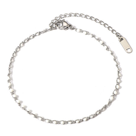Image de Bracelets En Gros Argent Mat en 304 Acier Inoxydable, Blanc Émail Chaîne Maille Jaseron Revêtement sous Vide PVD Respectueux de l'Environnement, aux Femmes À la Mode Cadeau Fournitures de Bijoux 18.5cm long, Taille de la Chaîne: 2mm, 1 Pièce