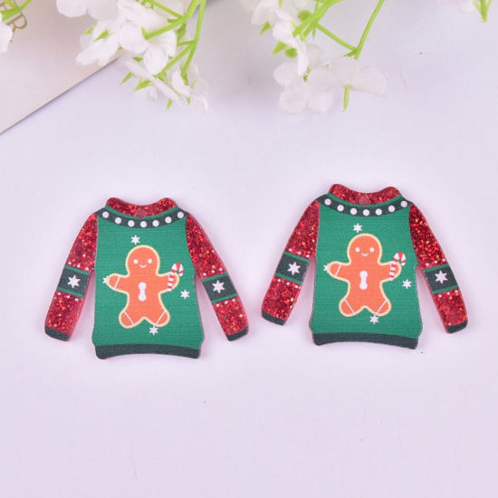 Picture of 5 PCs Acrylic Christmas Pendants Turtleneck Sweater Christmas Gingerbread Man Pink & Green 4.3cm x 3.9cm