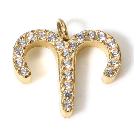 Изображение 1 ШТ Экологически чистое вакуумное покрытие 304 Нержавеющая Сталь Подвески 18K Позолоченный Созвездие Овен Бижутерия усыпанная мелким фианит Прозрачный Искусственный Циркон 12мм x 12мм