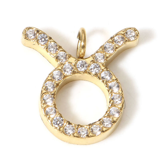 Изображение 1 ШТ Экологически чистое вакуумное покрытие 304 Нержавеющая Сталь Подвески 18K Позолоченный Созвездие Телец Бижутерия усыпанная мелким фианит Прозрачный Искусственный Циркон 11мм x 11мм