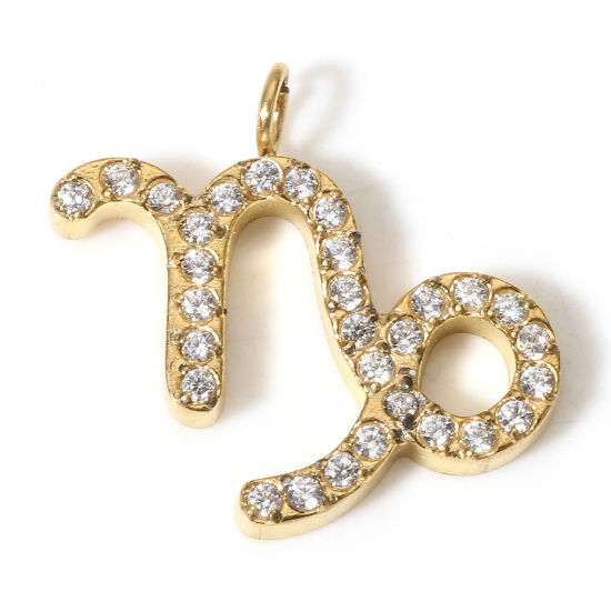Изображение 1 ШТ Экологически чистое вакуумное покрытие 304 Нержавеющая Сталь Подвески 18K Позолоченный Созвездие Козерог Бижутерия усыпанная мелким фианит Прозрачный Искусственный Циркон 16мм x 15мм