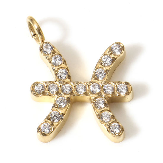 Изображение 1 ШТ Экологически чистое вакуумное покрытие 304 Нержавеющая Сталь Подвески 18K Позолоченный Созвездие Рыбы Бижутерия усыпанная мелким фианит Прозрачный Искусственный Циркон 12мм x 10мм