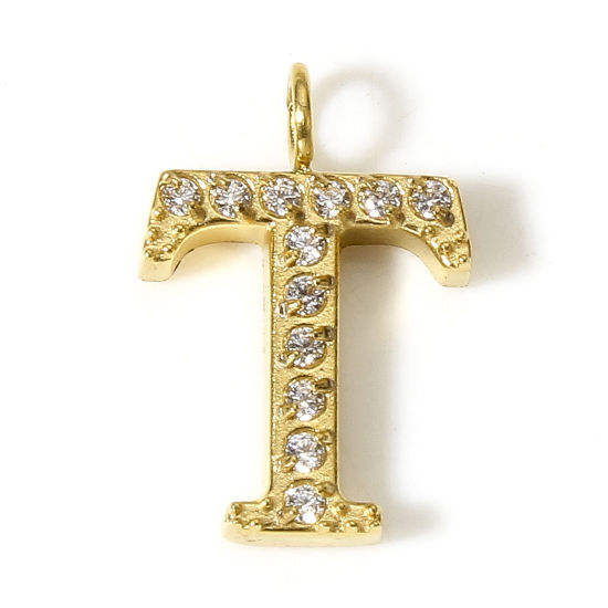 Immagine di 1 Pz Placcatura Sottovuoto Ecologica 304 Acciaio Inossidabile Ciondoli 18K Vero Oro Placcato Lettera Maiuscola Messaggio " T " Micro Spianare Trasparente Cubic Zirconiae 13mm x 9mm
