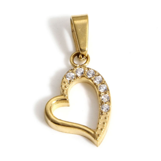 Immagine di 1 Pz Placcatura Sottovuoto Ecologica 304 Acciaio Inossidabile San Valentino Ciondoli Pendenti Cuore 18K Oro riempito Micro Spianare Trasparente Cubic Zirconiae 17mm x 8mm
