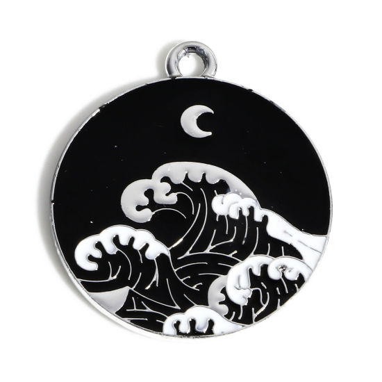 Picture of 10 PCs Zinc Based Alloy Travel Charms Silver Tone Black & White Round Wave Enamel 26mm x 23mm