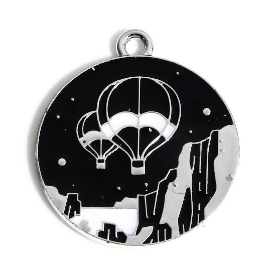 Picture of 10 PCs Zinc Based Alloy Travel Charms Silver Tone Black & White Round Hot Air Balloon Enamel 26mm x 23mm