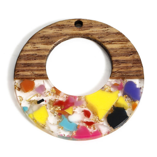 Image de 2 Pcs Pendentifs Résine à Effet de Bois Naturel Multicolore Annulaire à Strass Graviers 3.8cm Dia