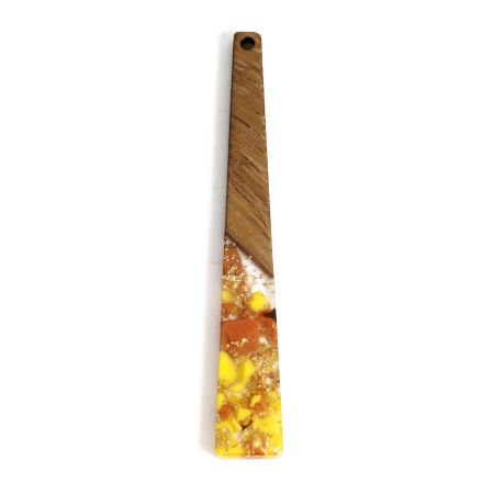 Image de 2 Pcs Pendentifs Résine à Effet de Bois Naturel Jaune & Orange Echelle à Strass Graviers 7cm x 1cm