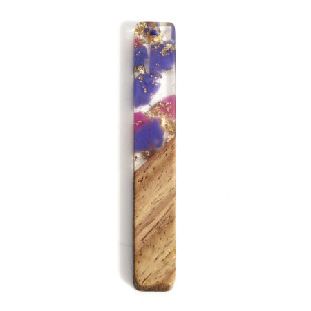 Picture of 2 PCs Natural Wood Effect Resin Pendants Purple & Fuchsia Rectangle Gravels Chips 5.2cm x 0.8cm