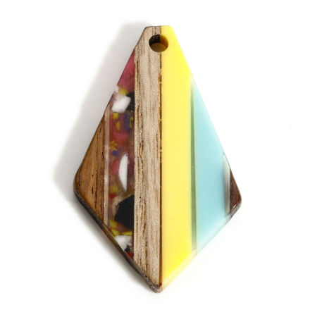 Image de 2 Pcs Pendentifs Résine à Effet de Bois Naturel Jaune & Bleu Quadrilatère Rayées à Strass Graviers 3.3cm x 2cm