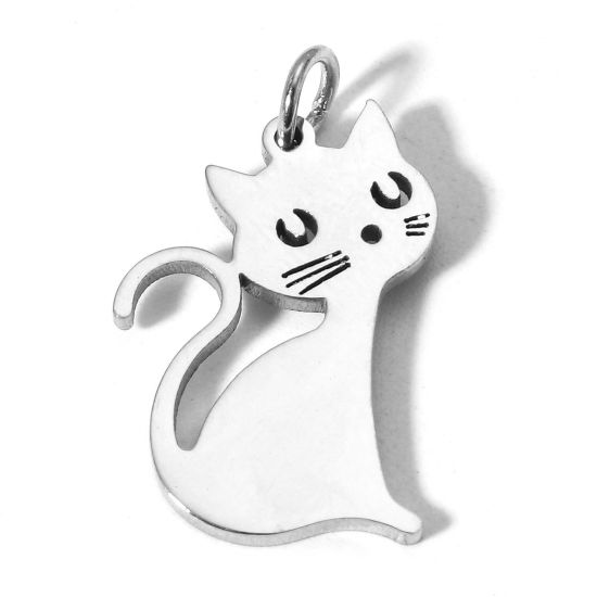 Immagine di 1 Pz 304 Acciaio Inossidabile Charms Gatto Tono Argento Lucidatura a Specchio 22mm x 14mm