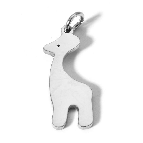 Picture of 1 Piece 304 Stainless Steel Blank Stamping Tags Charms Giraffe Animal Silver Tone Mirror Polishing 23mm x 9mm