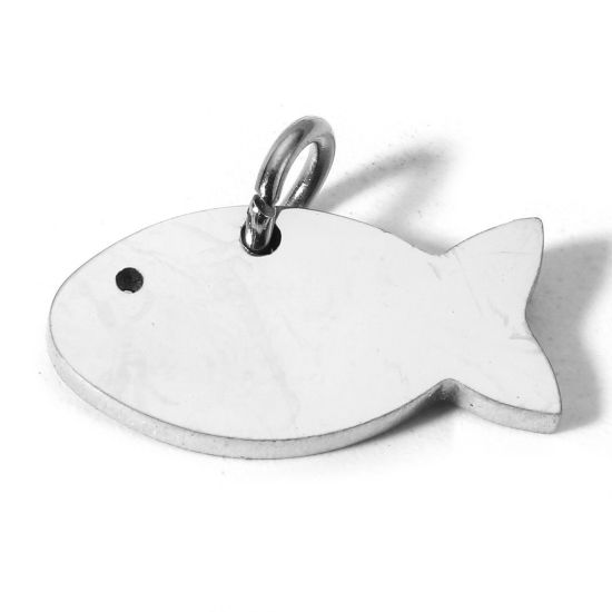 Picture of 1 Piece 304 Stainless Steel Blank Stamping Tags Charms Fish Animal Silver Tone Mirror Polishing 15mm x 11mm