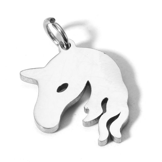 Picture of 1 Piece 304 Stainless Steel Blank Stamping Tags Charms Horse Animal Silver Tone Mirror Polishing 20mm x 13mm