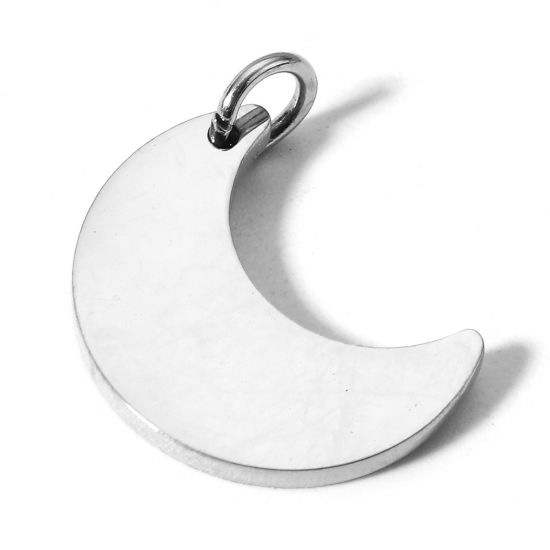 Picture of 1 Piece 304 Stainless Steel Blank Stamping Tags Charms Half Moon Silver Tone Mirror Polishing 18mm x 14mm