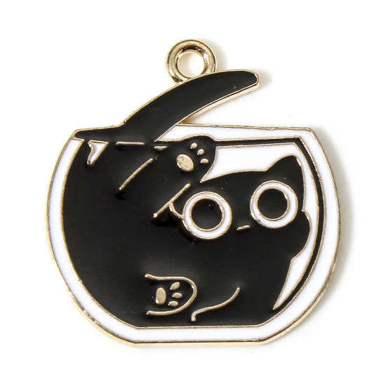 Immagine di 10 Pz Lega di Zinco Charms Oro Placcato Nero & Bianco Gatto Smalto 26mm x 24.5mm