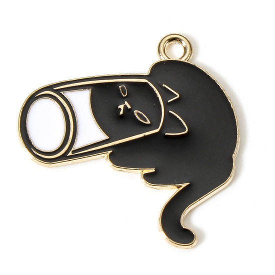 Immagine di 10 Pz Lega di Zinco Charms Oro Placcato Nero & Bianco Gatto Tazza Smalto 26mm x 26mm