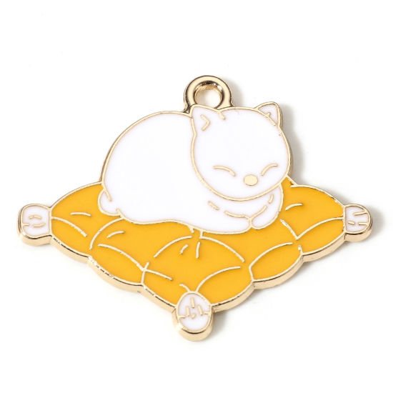 Picture of 10 PCs Zinc Based Alloy Pendants Gold Plated White & Yellow Cat Cushion Animal Enamel 3cm x 2.4cm