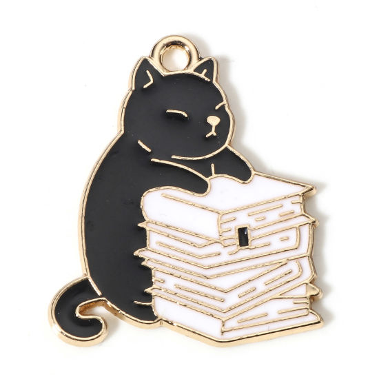 Picture of 10 PCs Zinc Based Alloy Charms Gold Plated Black & White Book Cat Enamel 26mm x 22mm