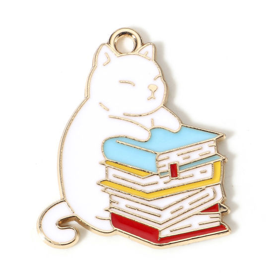 Picture of 10 PCs Zinc Based Alloy Charms Gold Plated Multicolor Book Cat Enamel 26mm x 22mm