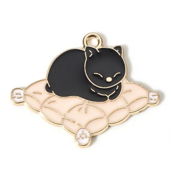 Picture of 10 PCs Zinc Based Alloy Pendants Gold Plated Black Cat Animal Cushion Enamel 3cm x 2.4cm