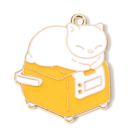 Picture of 10 PCs Zinc Based Alloy Charms Gold Plated White & Yellow Cat Oven Animal Enamel 29mm x 25mm