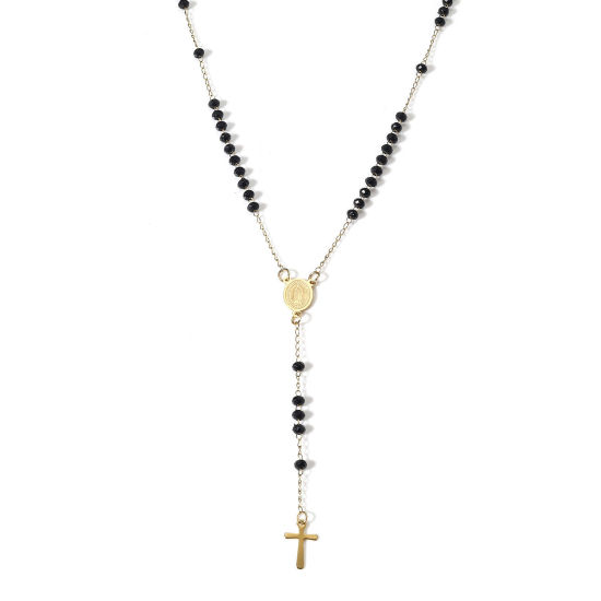 Imagen de 1 Unidad 304 Acero Inoxidable & Vidrio Religión Cadena de Eslabones Hechos a Mano Collar de Rosario de Cuentas de Oración Chapado en Oro Negro Cruz Virgen María 54cm longitud