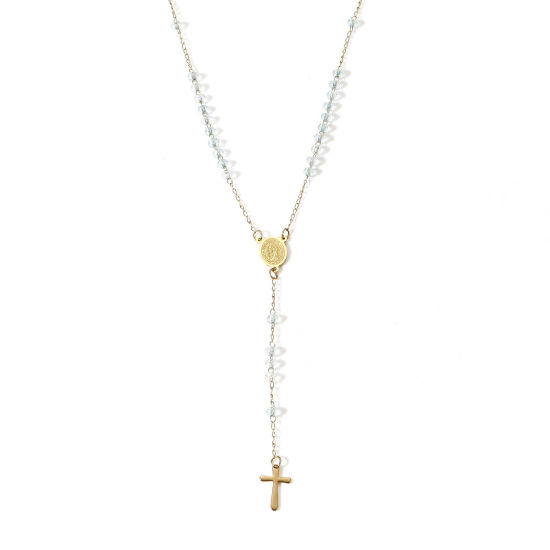 Imagen de 1 Unidad 304 Acero Inoxidable & Vidrio Religión Cadena de Eslabones Hechos a Mano Collar de Rosario de Cuentas de Oración Chapado en Oro Azul Claro Cruz Virgen María 54cm longitud