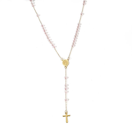 Imagen de 1 Unidad 304 Acero Inoxidable & Vidrio Religión Cadena de Eslabones Hechos a Mano Collar de Rosario de Cuentas de Oración Chapado en Oro Color rosa Cruz Virgen María 54cm longitud